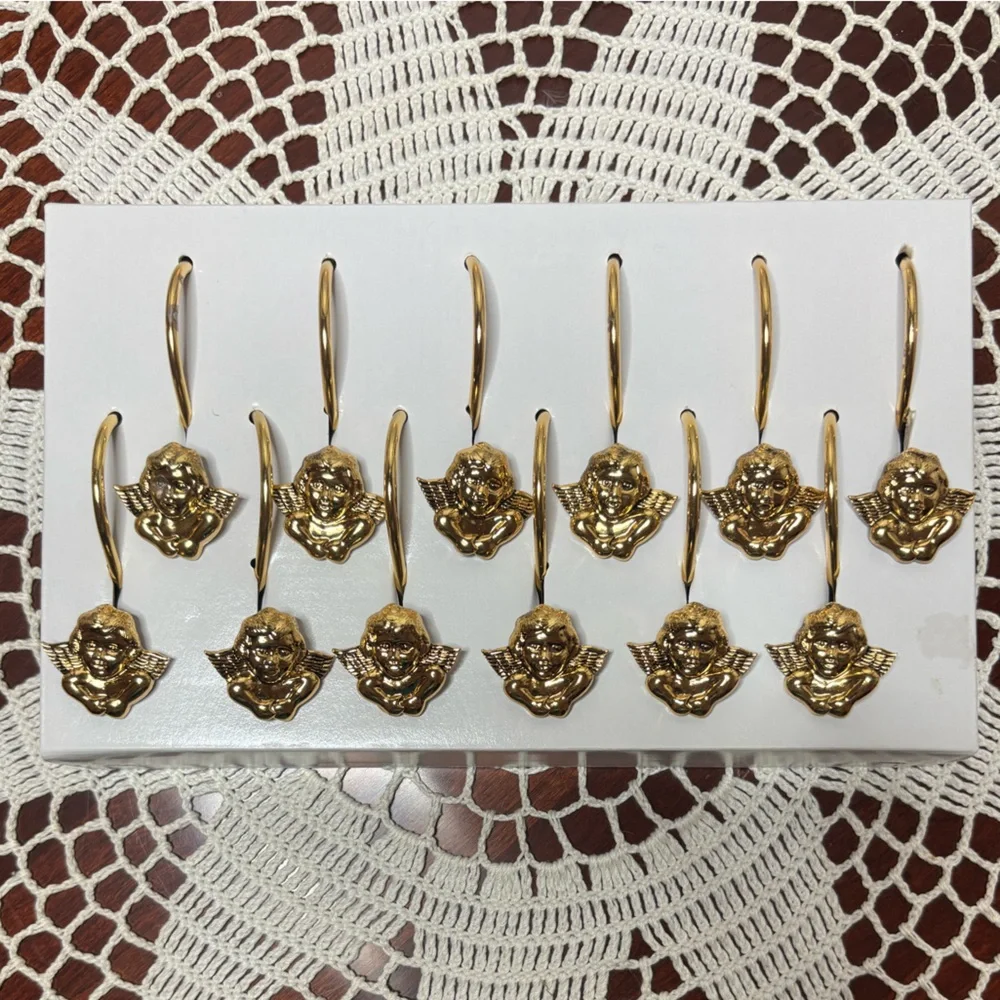 Vintage Shower Curtain Rings Victorian Cherub Angel Gold Brass Hook Set of 12